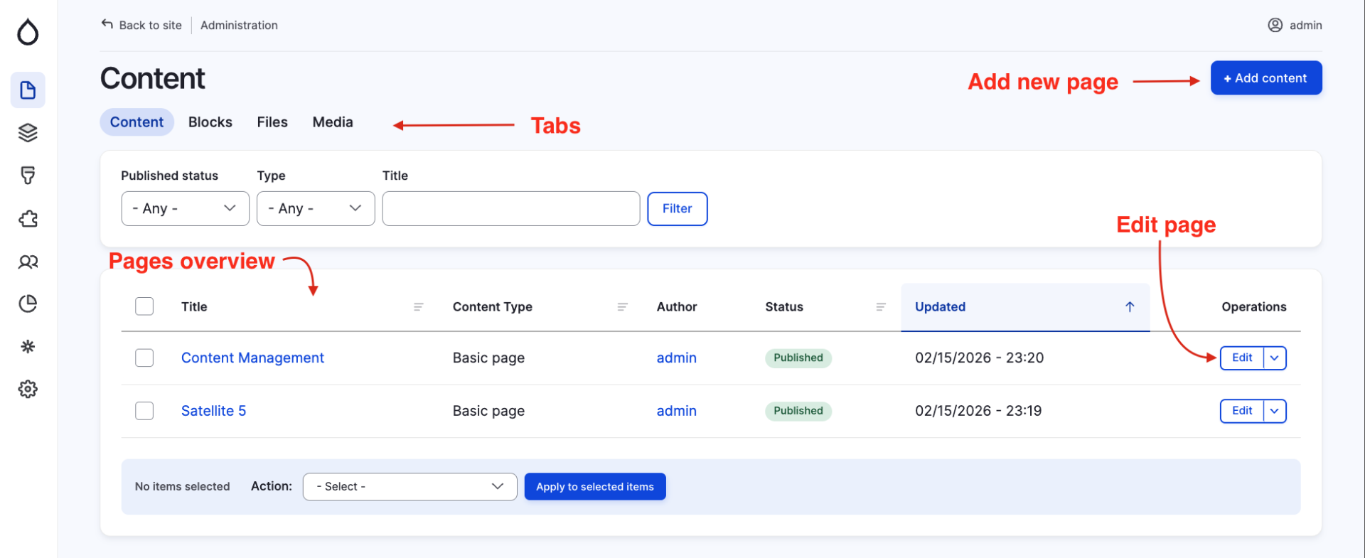 Manage pages